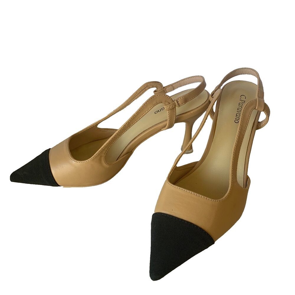 C. Paravano Pointy Toe Ankle Strap Heels SZ 8.5 / 39 Beige & Black Color Block